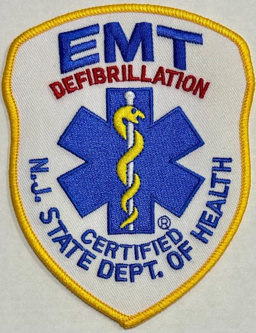 NEW JERSEY CERTIFIED STATE DEPT of HEALTH - EMT DEFIBRILLATION SHOULDER PATCH - SEW ON.